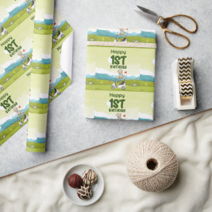 Golf 1e verjaardag een jaar oude golfer met winkel cadeaupapier