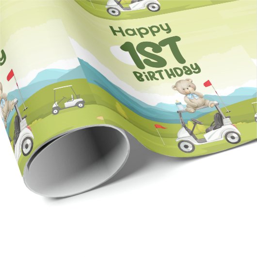 Golf 1e verjaardag een jaar oude golfer met winkel cadeaupapier (Rol Hoek)