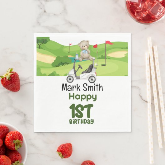 Golf 1e verjaardag een jaar oude golfer met winkel servet (Insitu)