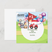 Golf 1e verjaardag met rode golfkar op groen save the date (Voorkant / Achterkant)