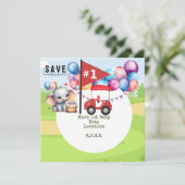 Golf 1e verjaardag met rode golfkar op groen save the date (Staand voorkant)