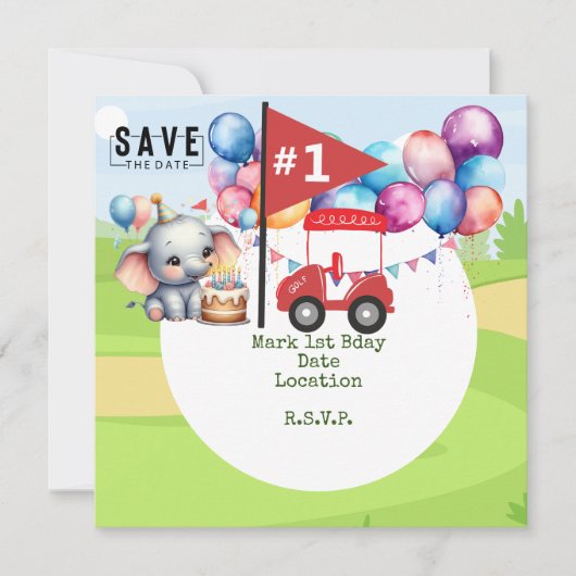 Golf 1e verjaardag met rode golfkar op groen save the date (Voorkant)