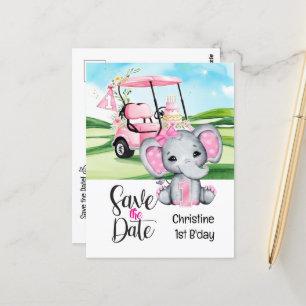 Golf 1e verjaardag olifant en  Roze golfkarretje Briefkaart