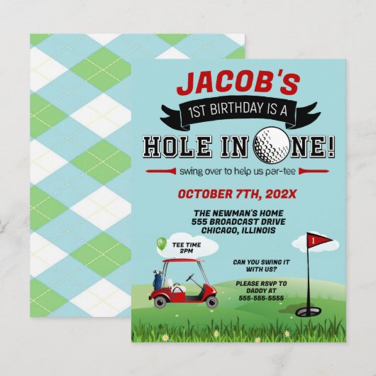 Golf 1e verjaardag Uitnodiging Briefkaart (Voorkant / Achterkant)