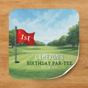 Golf 1e verjaardagsfeestje gat in één vierkante sticker