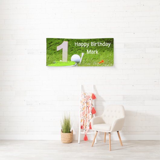 Golf 1ste verjaardag een jaar oude golfer met numm spandoek (Insitu)