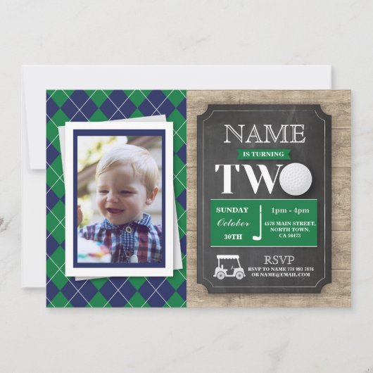 Golf 2e tweede twee 2 verjaardagsfeest foto uitnod kaart (Voorkant)