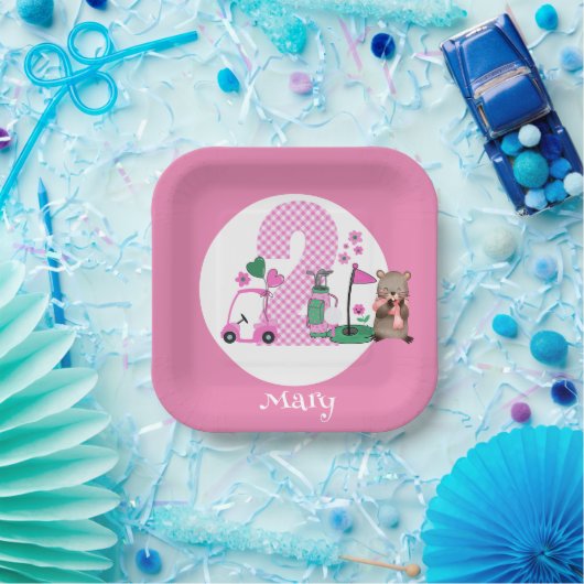 Golf 2e verjaardag in roze thema papieren bordje (Feest)