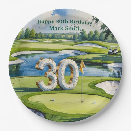 Golf 30e verjaardag op golfbaan papieren bordje (Voorkant)