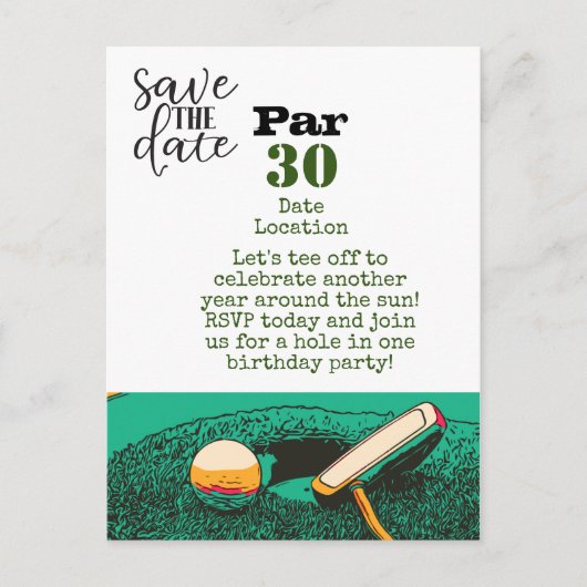 Golf 30th Birthday party, sla de datumkaart op Briefkaart (Voorkant)