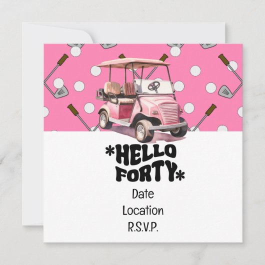 Golf 40e verjaardag met roze kar vrouw golfer kaart (Voorkant)