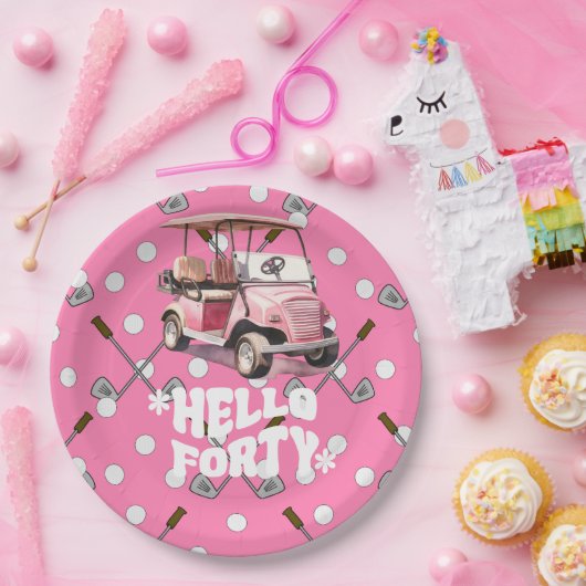 Golf 40e verjaardag met roze kar vrouw golfer papieren bordje (Feest)
