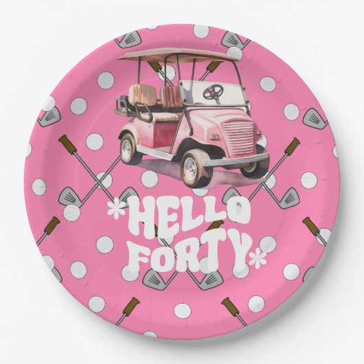 Golf 40e verjaardag met roze kar vrouw golfer papieren bordje (Voorkant)