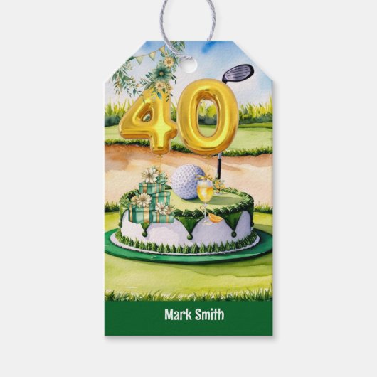 Golf 40e verjaardag met taart op de golfbaan cadeaulabel (Voorkant)