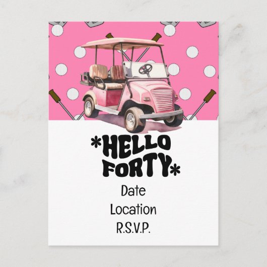 Golf 40ste verjaardag met roze kar vrouwelijke gol briefkaart (Voorkant)