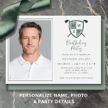 Golf 40th Birthday Party Photo Modern Green Kaart<br><div class="desc">Celebrate a milestone in modern style with this golf crest 40th birthday invitation. Designed with a sleek palette of light gray, sage green, and charcoal, the layout features a refined golf crest with crossed clubs and a bold “40, ” creating a polished clubhouse aesthetic perfect for golf lovers. A floating...</div>