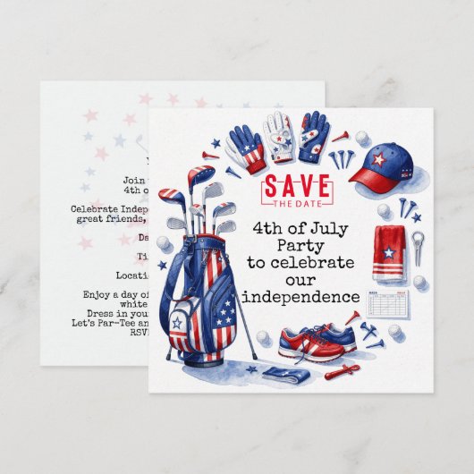 GOLF 4 juli   Onafhankelijkheidsdag Golfer-feest   Save The Date (Voorkant / Achterkant)