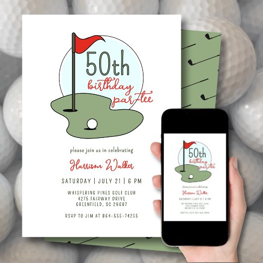 Golf 50th Birthday Party Hand Drawn Modern Green Kaart