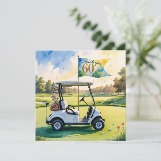 Golf 60e verjaardag met golfkar op groen bedankkaart (Staand voorkant)