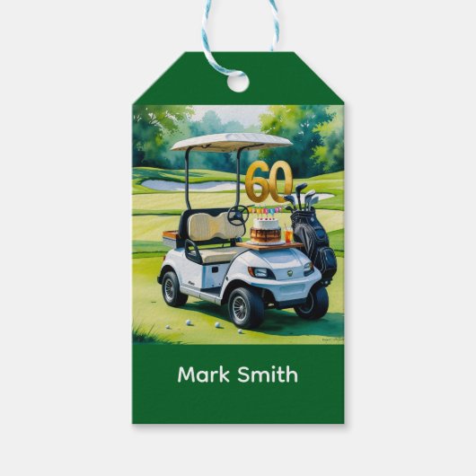 Golf 60e verjaardag met golfkar op groen cadeaulabel (Voorkant)