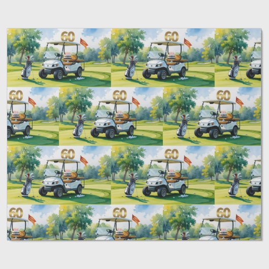 Golf 60e verjaardag met golfkar op putting green cadeaupapier (Vlak)