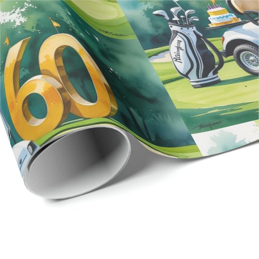 Golf 60e verjaardag met golfkar op putting green cadeaupapier (Rol Hoek)