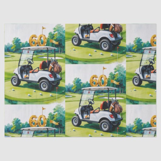Golf 60e verjaardag met golfkar op putting green tissuepapier (Voorkant)