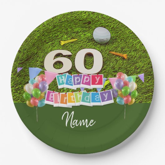 Golf 60ste verjaardagsgolfer met ballon op groen papieren bordje (Voorkant)