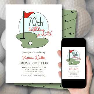Golf 70th Birthday Party Hand Drawn Modern Green Kaart