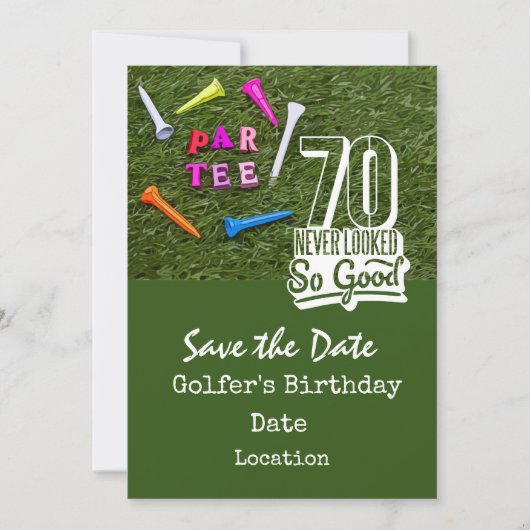 Golf 70th Birthday Party met golfbal t-shirt kar Kaart (Voorkant)