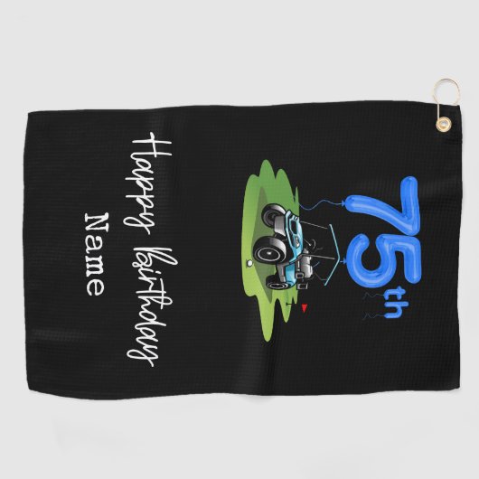 Golf 75e verjaardag voor golfer met golfkar golfhanddoek (Horizontaal)