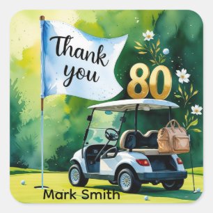 Golf 80e verjaardag met golfkar op groen vierkante sticker