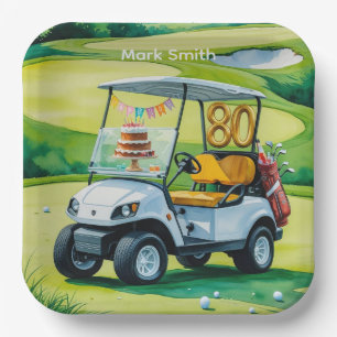 Golf 80e verjaardag met golfkar op putting green papieren bordje