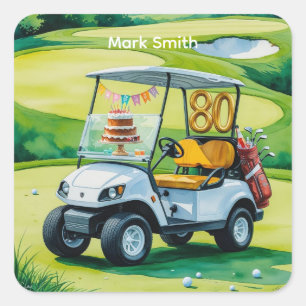 Golf 80e verjaardag met golfkar op putting green vierkante sticker