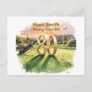 Golf 80ste verjaardag met golfkar op putting green briefkaart