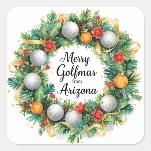 Golf  Arizona Christmas Greeting with Golf Wreath Vierkante Sticker (Voorkant)