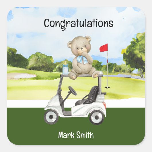 Golf baby Gefeliciteerd Verjaardag Baby shower Boy Vierkante Sticker (Voorkant)
