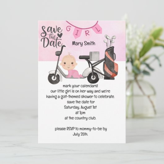 Golf Baby Meisje Baby shower op roze sparen de dat Kaart (Staand voorkant)