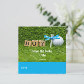 Golf baby shower jongen met blauw lintje op groen kaart (Staand voorkant)