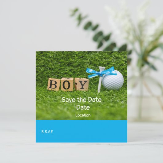 Golf baby shower jongen met blauw lintje op groen kaart (Staand voorkant)