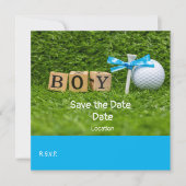 Golf baby shower jongen met blauw lintje op groen kaart (Voorkant)