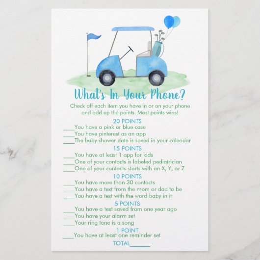 Golf Baby shower Wat zit er in je telefoon spel (Voorkant)