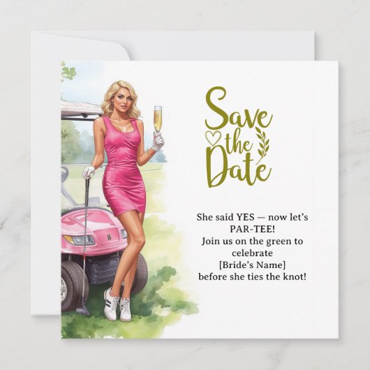 Golf Bachelorette Vrouw Golfer Is Golfen Save The Date (Voorkant)