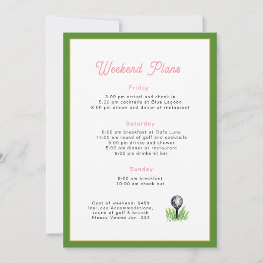 Golf Bachelorette weekend with itinerary Kaart (Achterkant)