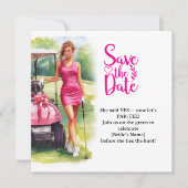 Golf Bachelorette Woman Golfer Is Golfing  Save The Date (Voorkant)