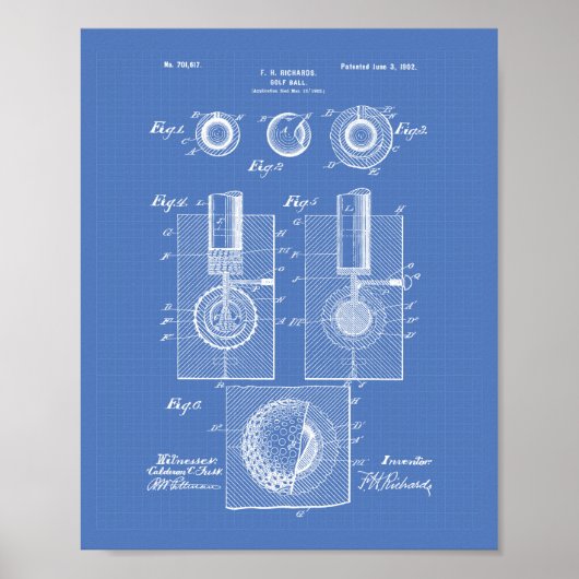 Golf Ball 1902 Patent Art - Blauwdruk Poster (Voorkant)