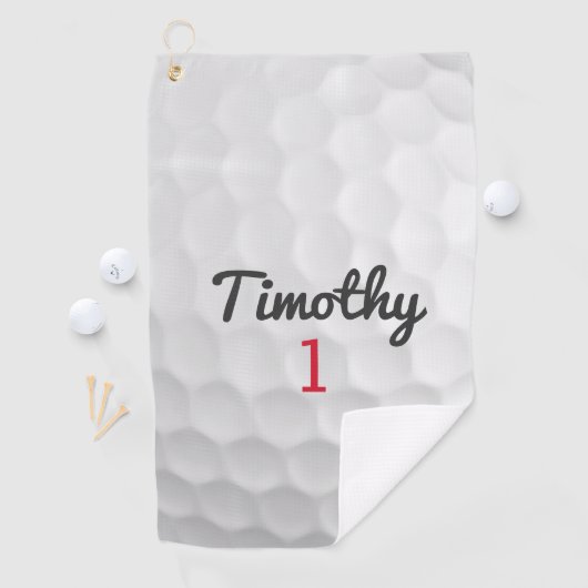 Golf Ball Dimples en Black Name Red Number Golfhanddoek (Insitu)