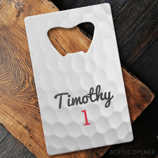 Golf Ball Dimples met zwarte naam rood nummer Creditkaart Flessenopener