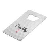 Golf Ball Dimples met zwarte naam rood nummer Creditkaart Flessenopener (Voorkant Gekanteld)