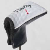 Golf Ball Dimples - Zwarte naam Rood nummer Golfheadcover (3/4 voorkant)